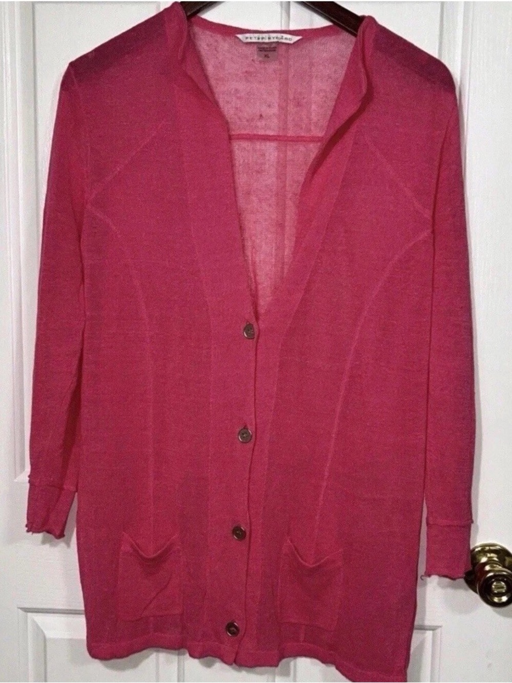 Peter Nygard Linen Blend Cardigan Sweater Womens XL Pink Knit Button Up Pockets